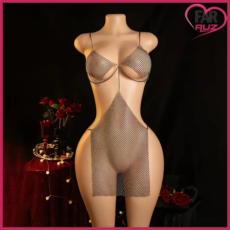 Farruz Shining Diamond Seksi Transparan Örgü Bodysuit